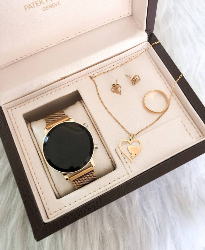 خرید ساعت LED مگنتی +نیم ست+دستبند حدید طلایی همراه با حلقه کد369129