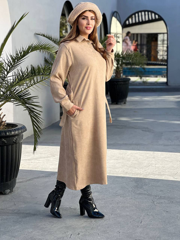 خرید اینترنتی و آنلاین کفتان مخمل کبریتی کمربندار ناینا کد 94633