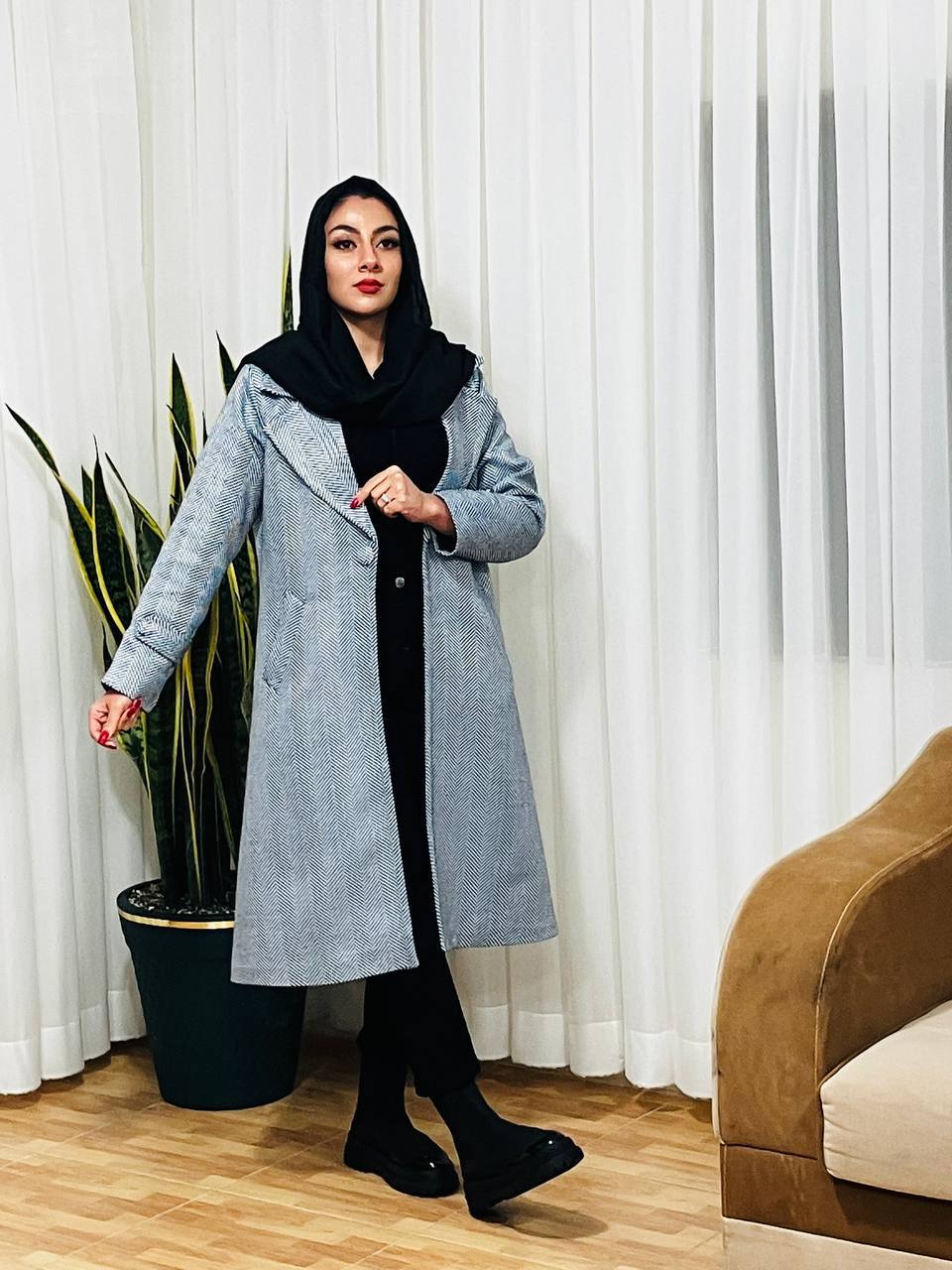 خرید اینترنتی پالتو جناغی آستردار یقه انگلیسی کد 75661